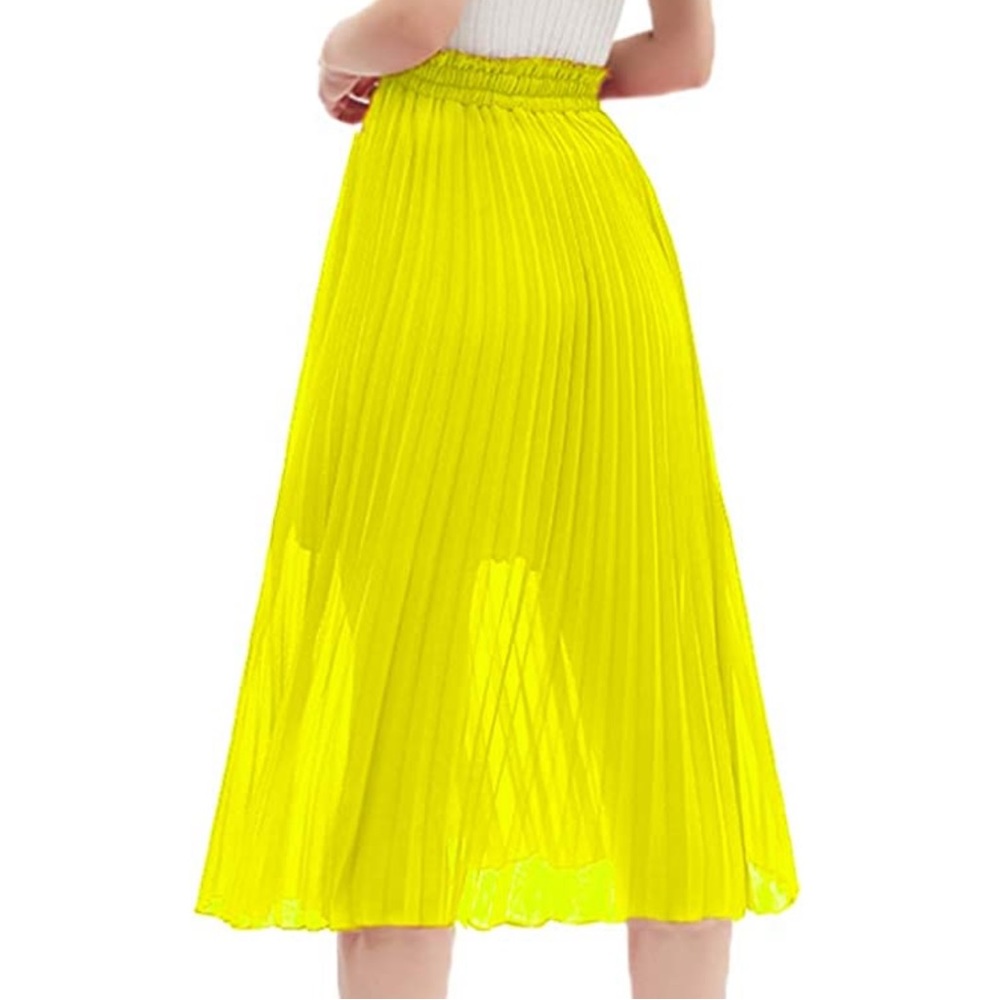 Bright Yellow Pleated Midi Swing Skirt